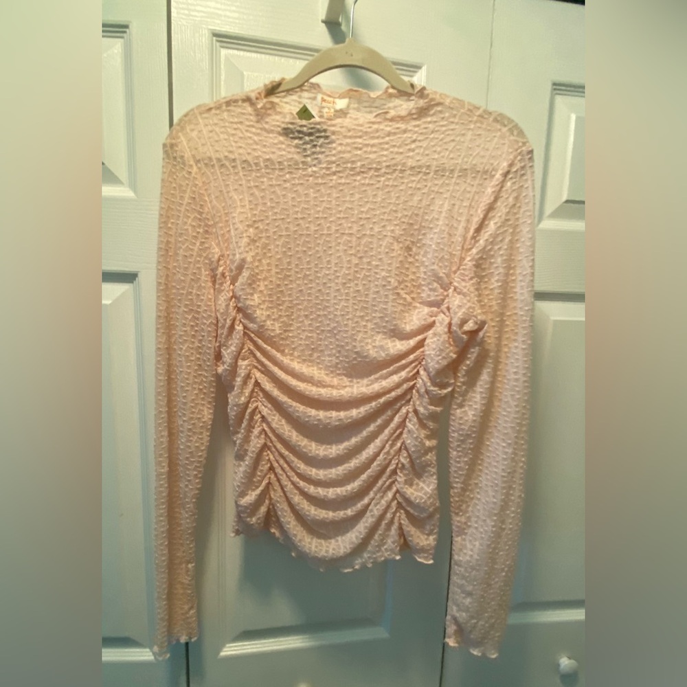 Light Pink sheer textured lace ruched long sleeve top by Peach XL NWT